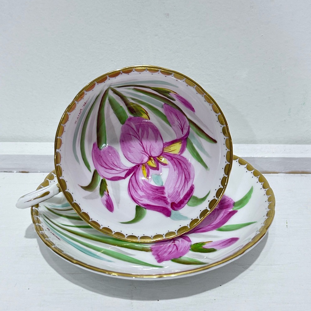 Vintage Tuscan Bone China teacup and saucer set, hand-painted With floral design